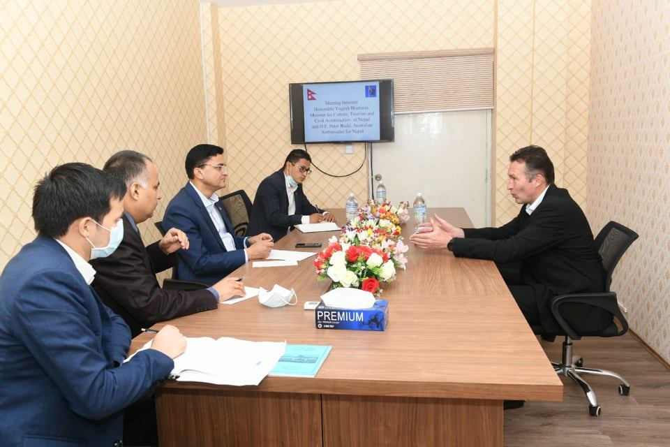Minister Bhattarai, Australian envoy Budd discuss operation of commercial flights