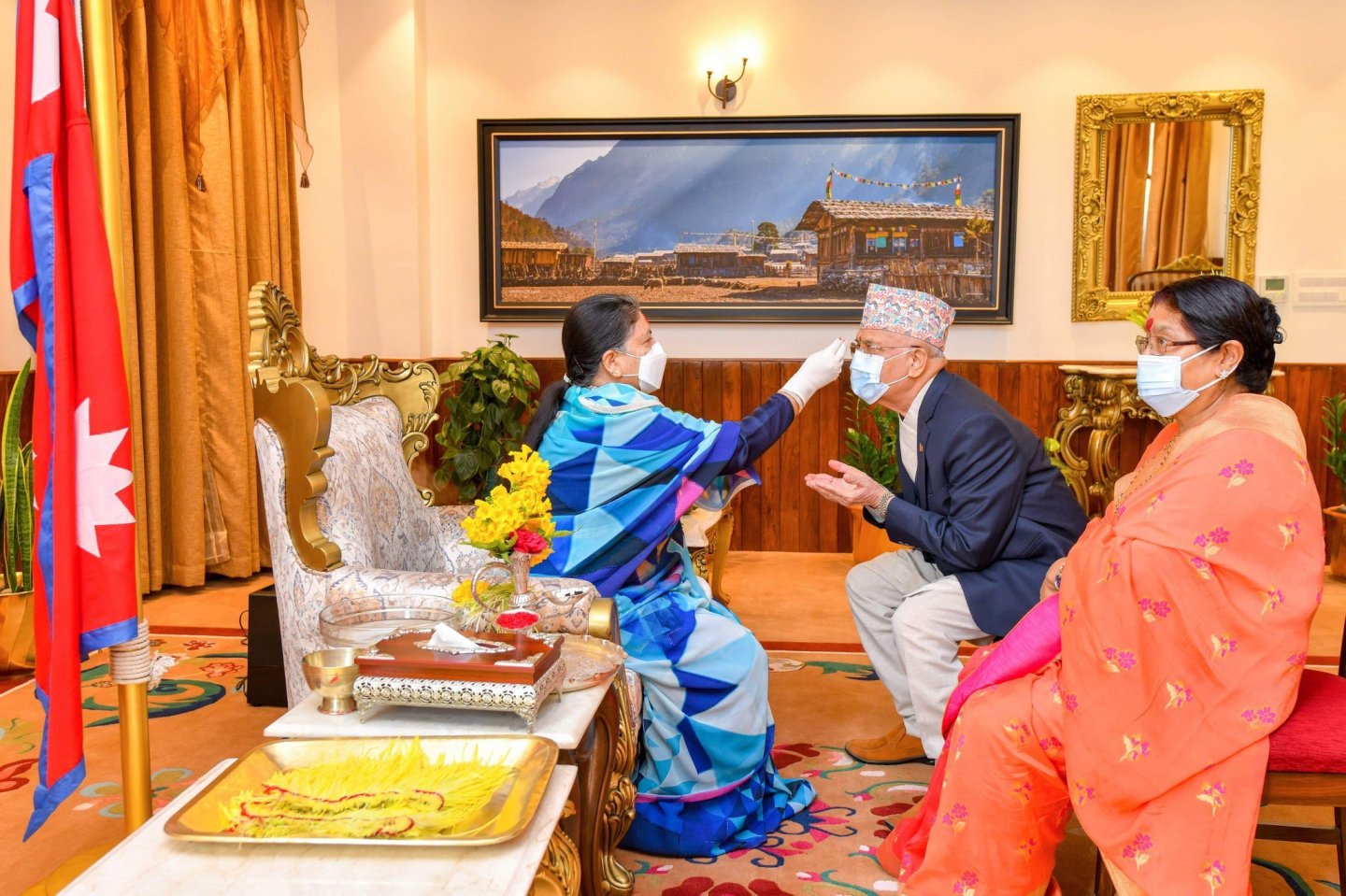 PM Oli receives Dashain tika from Prez Bhandari