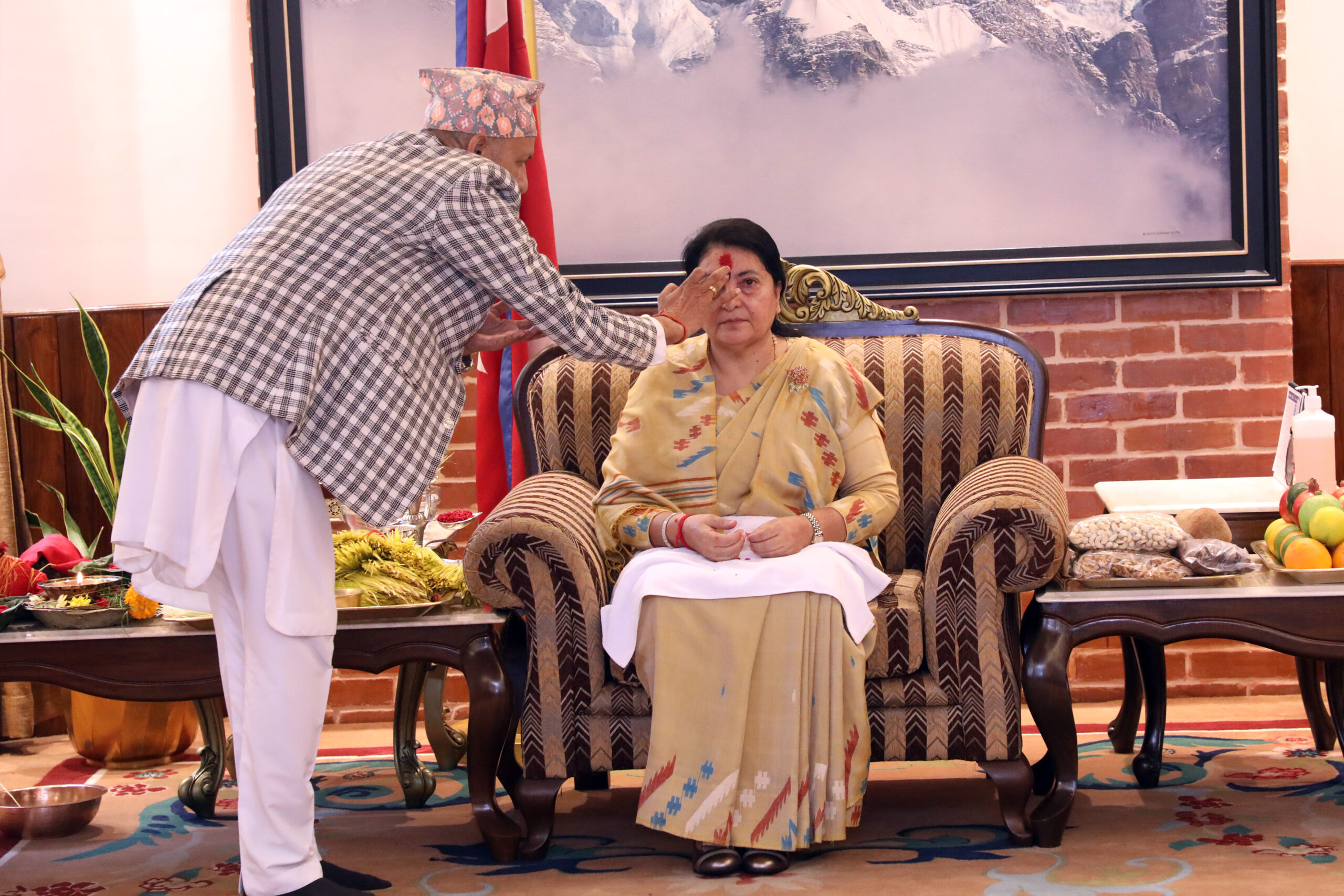 President Bhandari receives Dashain ‘tika’ from priests