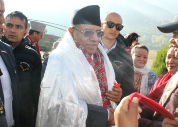 PM Dahal making an aerial inspection of Korala checkpoint, Kagbeni area