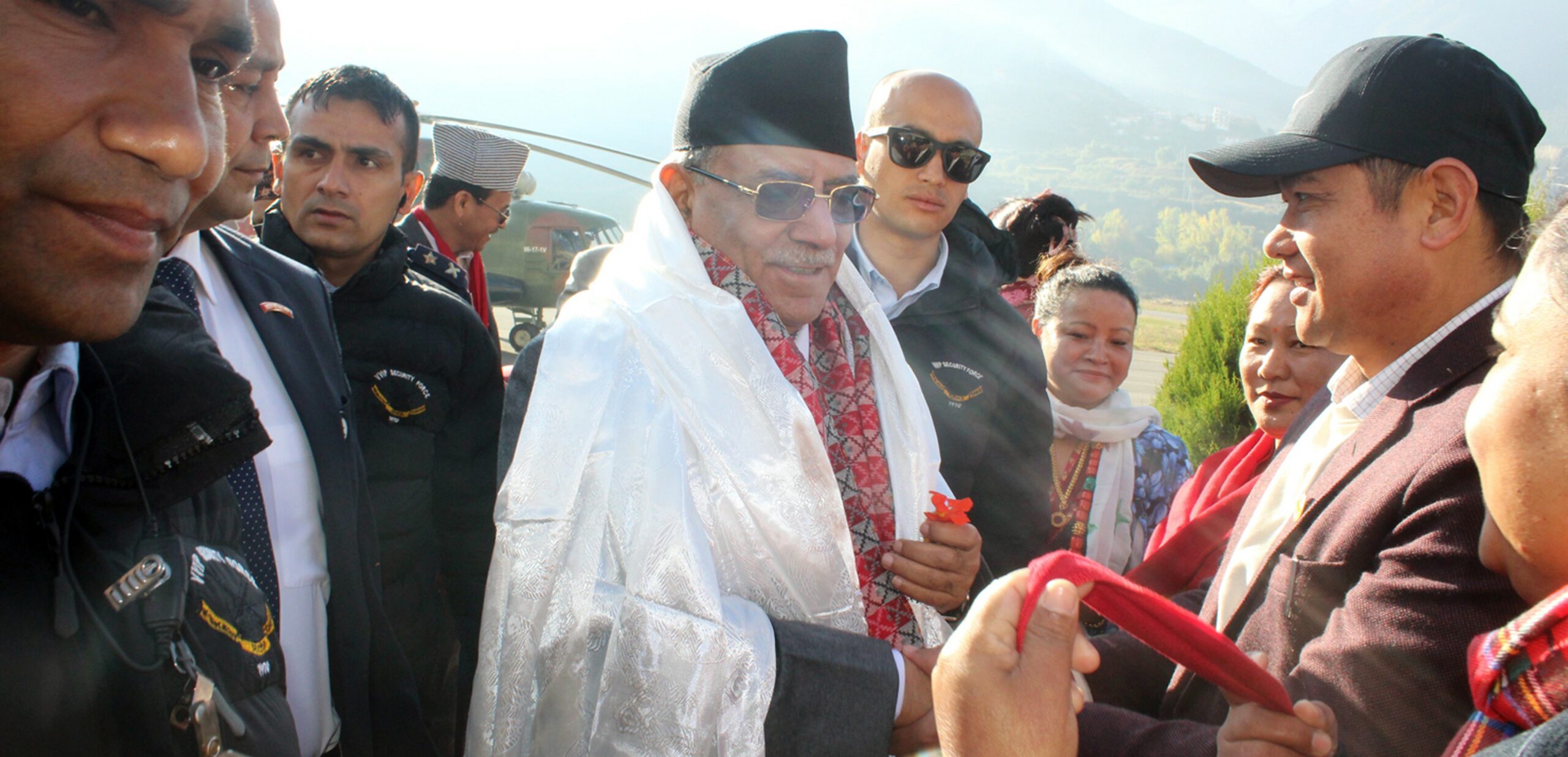 PM Dahal making an aerial inspection of Korala checkpoint, Kagbeni area