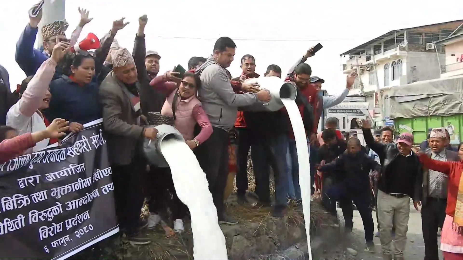 Chitwan farmers protest by pouring milk on streets