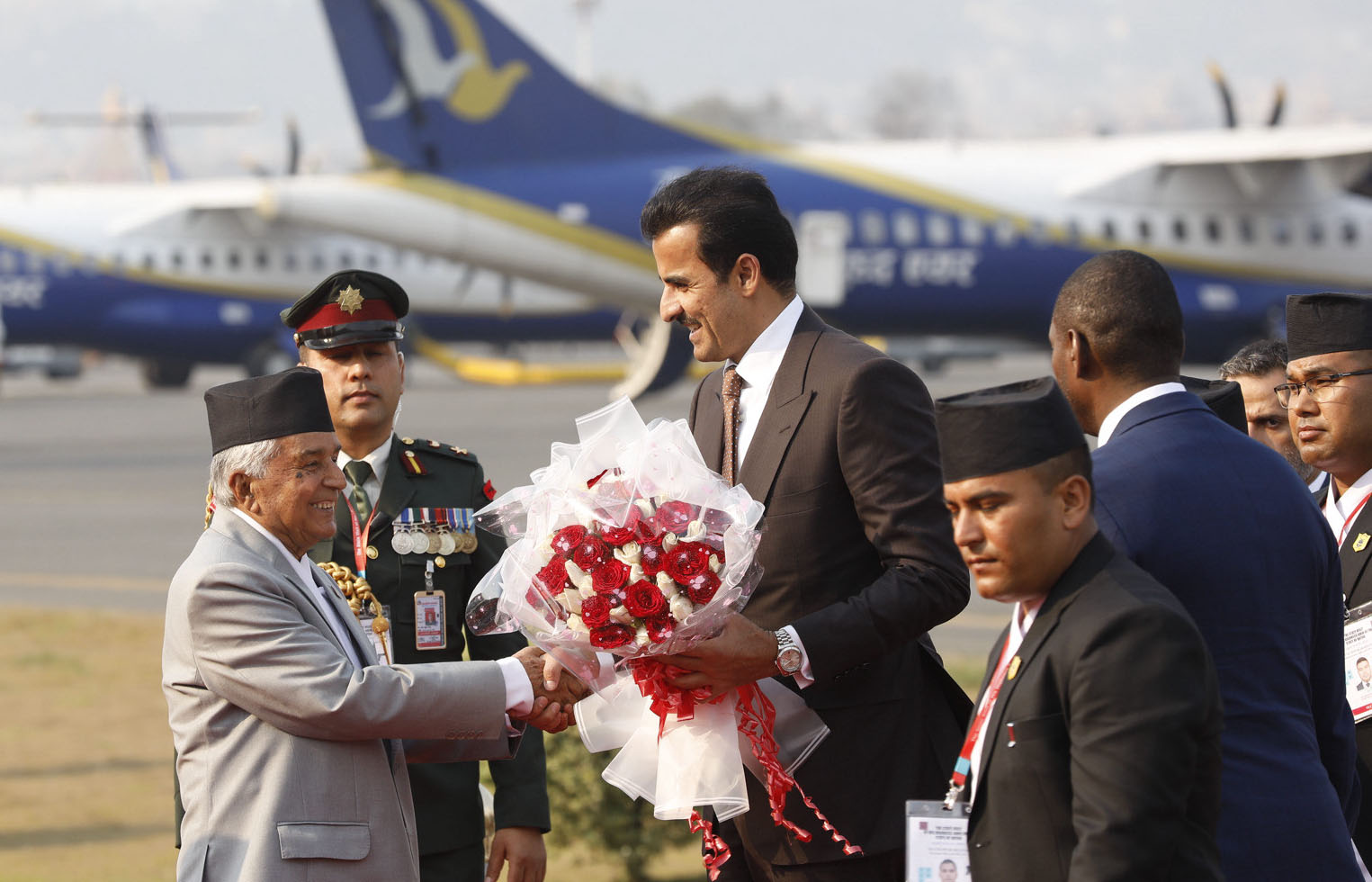 Qatar Emir in Kathmandu, President and Prime Minister host Emir at TIA (In Pics)